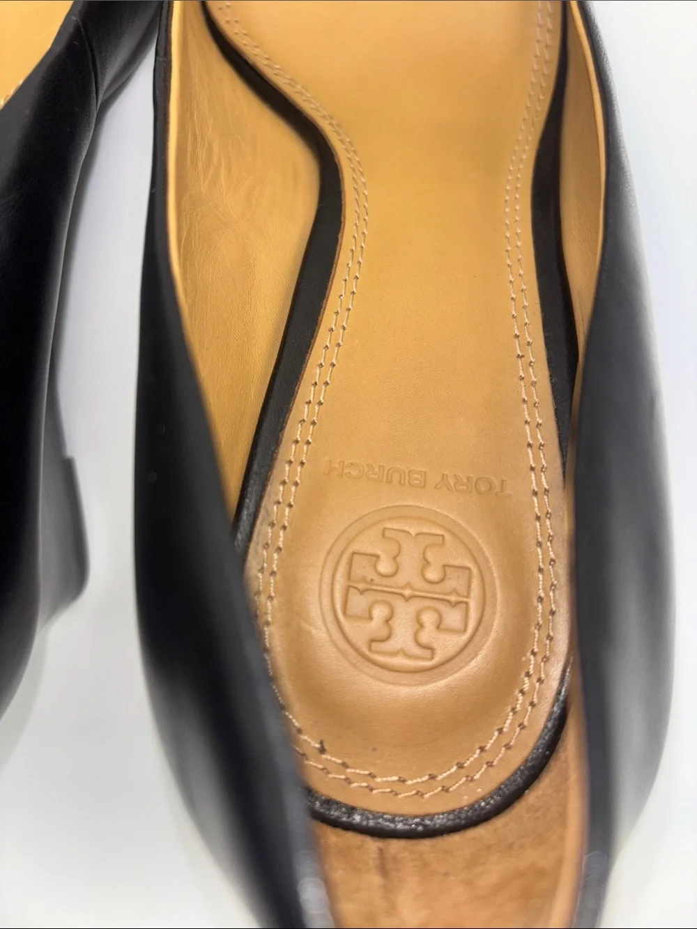 Tory Burch Black Leather Wedges with Gold Logo Medallion
